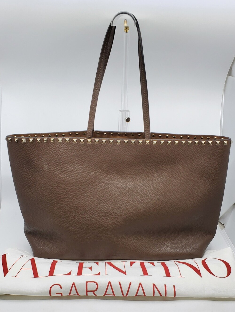 Valentino Rockstud Tote Brown Grained Calfskin